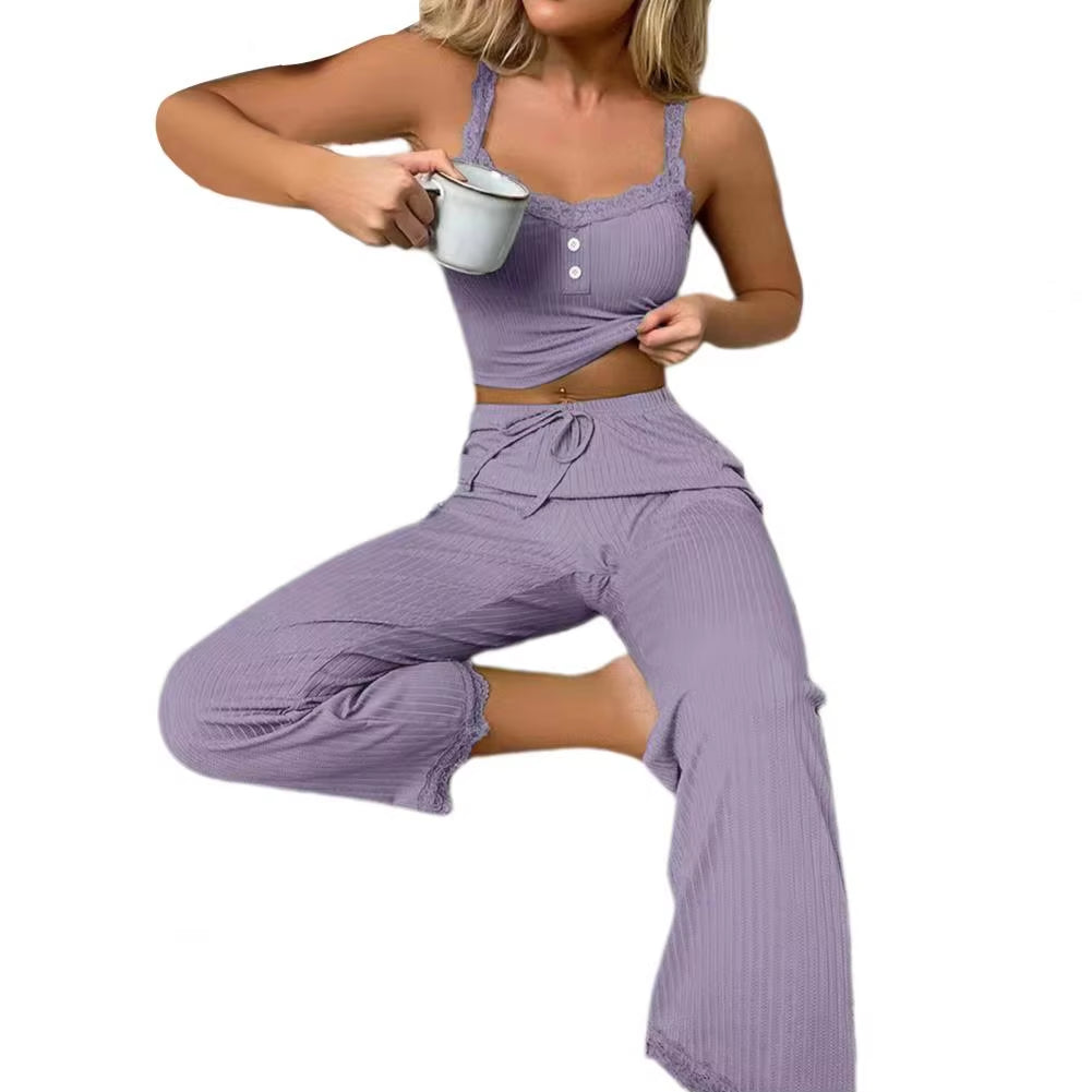 Sexy Casual Pajamas Set for Women Summer Lace Long Trousers Sexy Two Piece Long Trousers Set Pajamas Loungewear