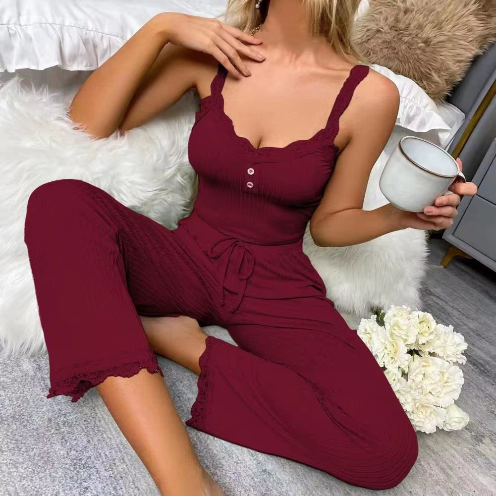 Sexy Casual Pajamas Set for Women Summer Lace Long Trousers Sexy Two Piece Long Trousers Set Pajamas Loungewear