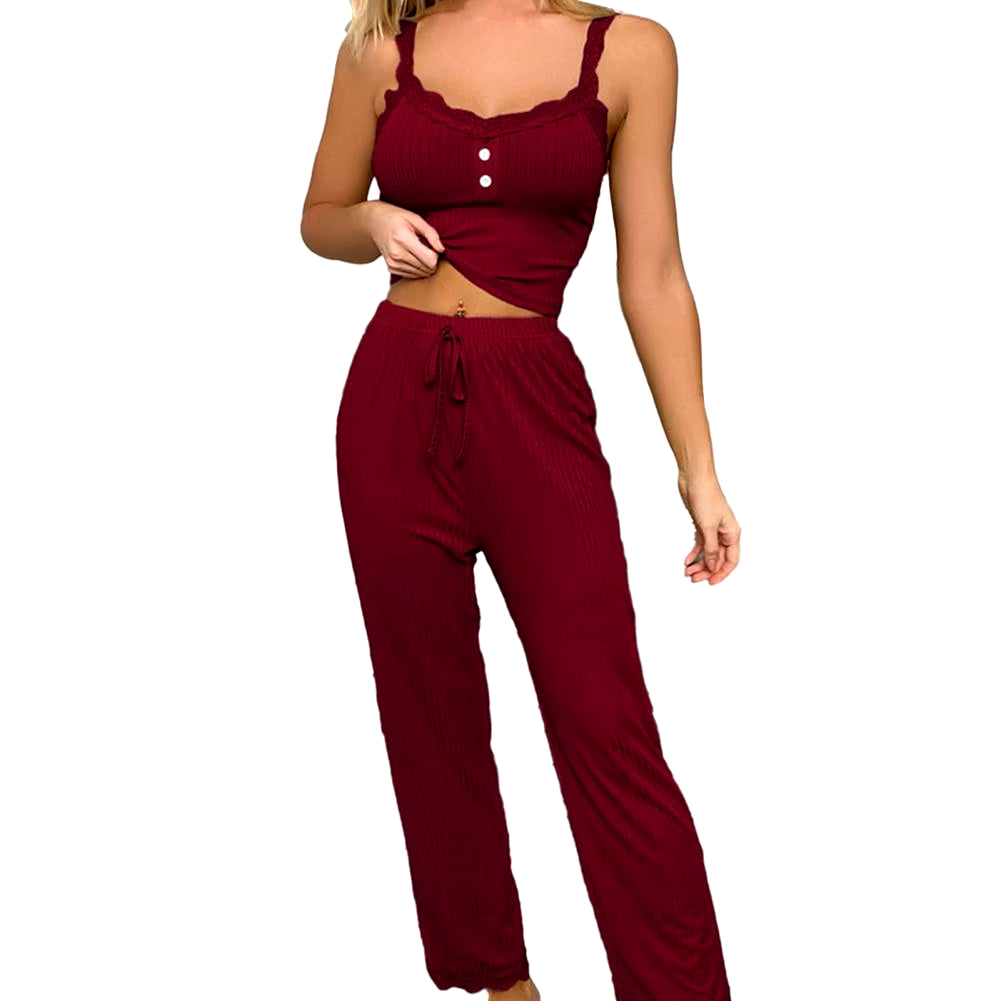 Sexy Casual Pajamas Set for Women Summer Lace Long Trousers Sexy Two Piece Long Trousers Set Pajamas Loungewear