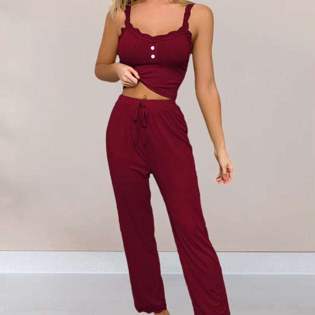 Sexy Casual Pajamas Set for Women Summer Lace Long Trousers Sexy Two Piece Long Trousers Set Pajamas Loungewear